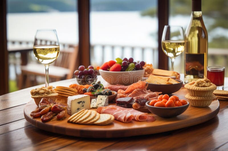 Assortimento di alimenti e vino. carne di uve e frutta di formaggio sulla scrivania di legno. aie generativa illustrazione vettoriale