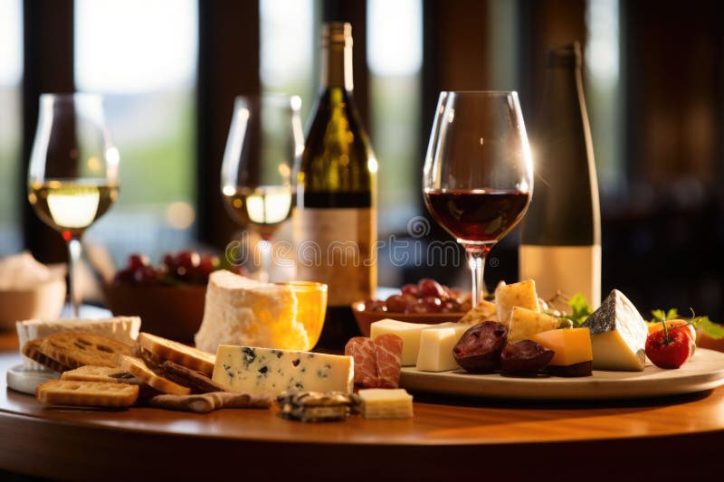 Assortimento di alimenti e vino. carne di uve e frutta di formaggio sulla scrivania di legno. aie generativa illustrazione di stock