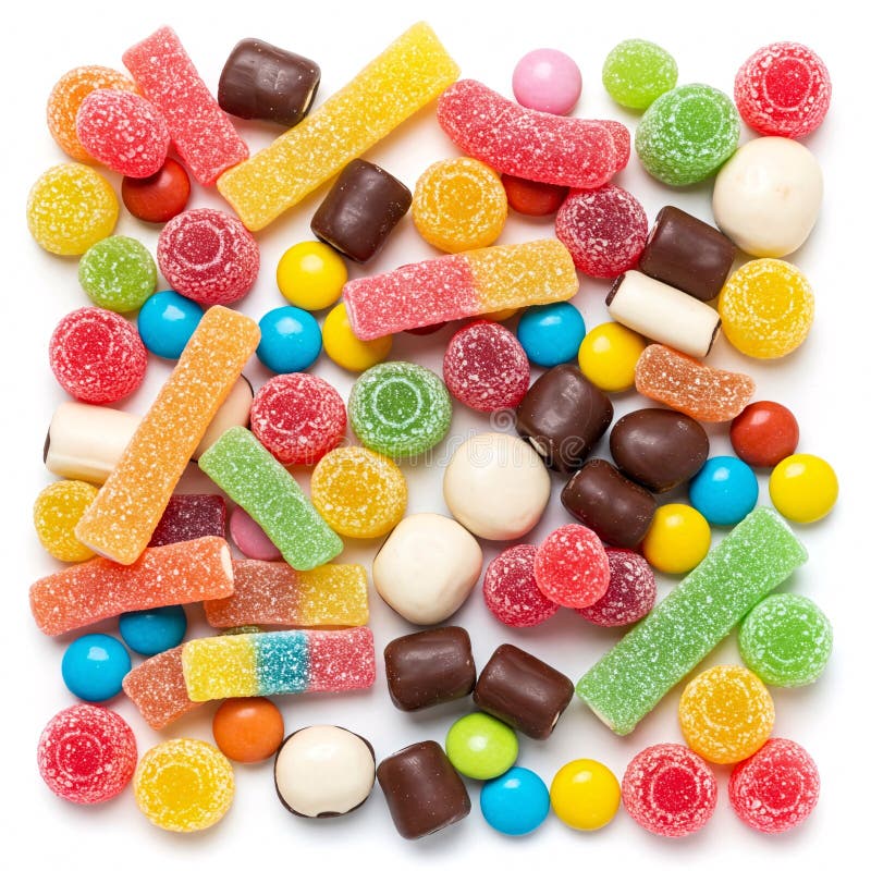 Assortimento di caramelle colorate isolate su fondo bianco. Varietà di dolciumi e dolciumi.