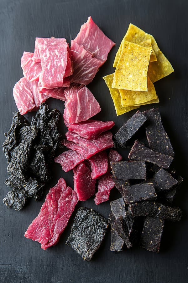 Assortimento di carne disidratata germogliata di coloranti sapori e trame su fondo scuro generato dall'aria