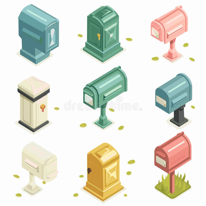 Assortimento di cassette postali colorate stile isometrico. cassette postali di tipi diversi tradizionali moderni royalty illustrazione gratis