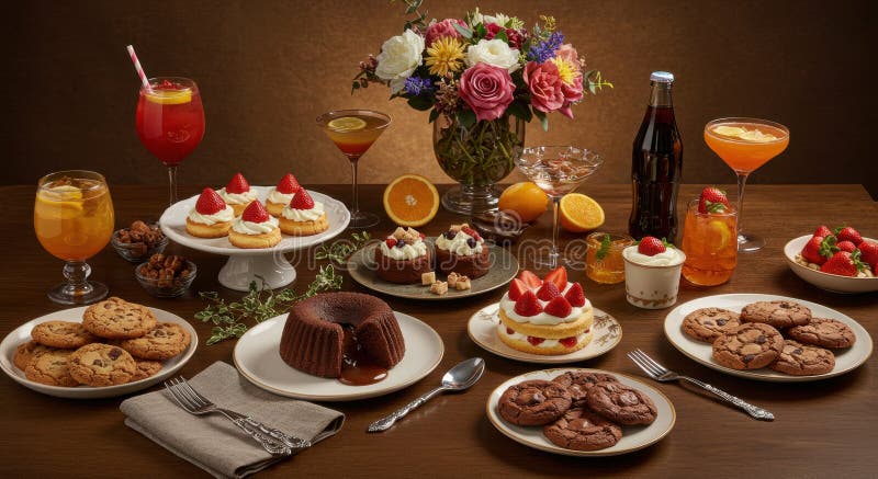 Assortimento di dolci e bevande su una tavola di legno illustrazione vettoriale