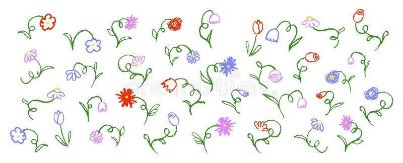Assortimento di fiori disegnato in pastello o a matita di carbone. progettazione semplice della raccolta di fiori di gesso colorat illustrazione vettoriale