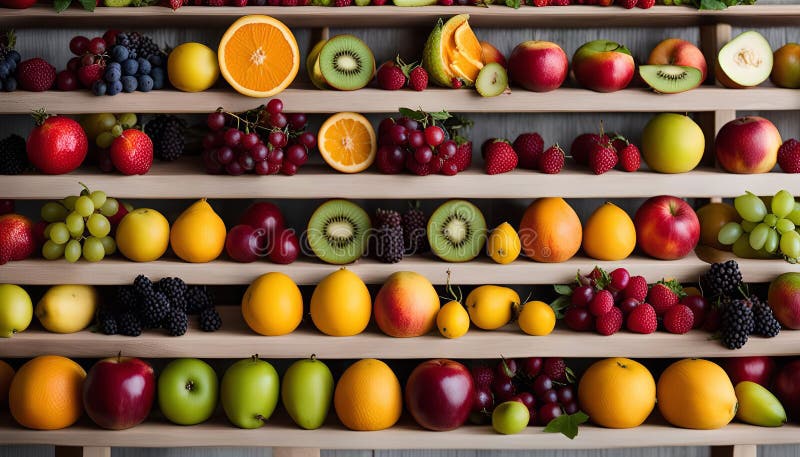 Assortimento di frutta fresca su scaffali di legno royalty illustrazione gratis