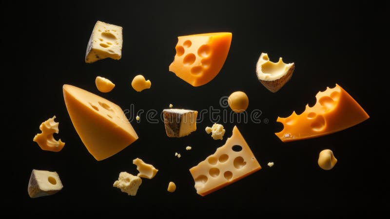 Assortimento di pezzi di formaggio giallo che galleggiano sullo sfondo scuro royalty illustrazione gratis
