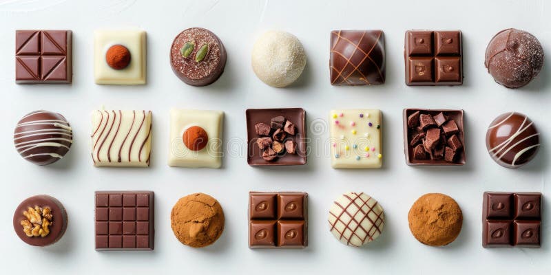 Assortimento di praline di latte e di cioccolato bianco disposte elegantemente su sfondo bianco. prodotto a base di