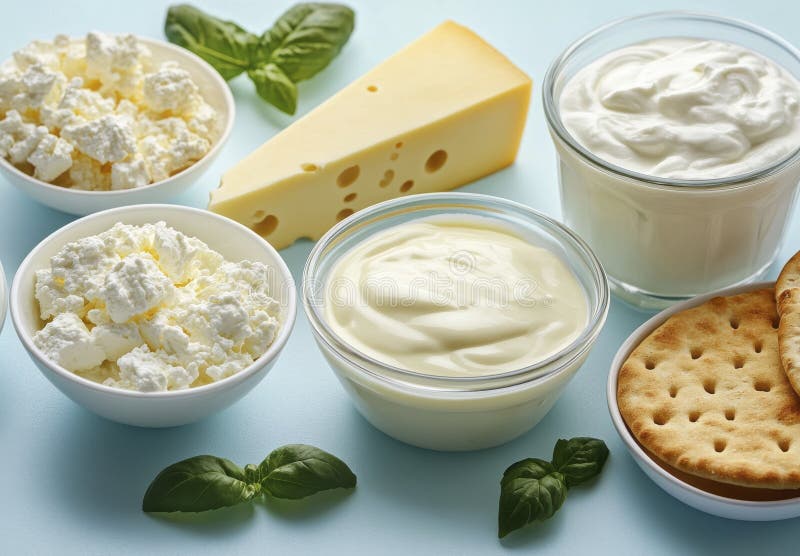 Assortimento di prodotti lattiero-caseari di formaggio Yogurt Crackers e Basil illustrazione di stock
