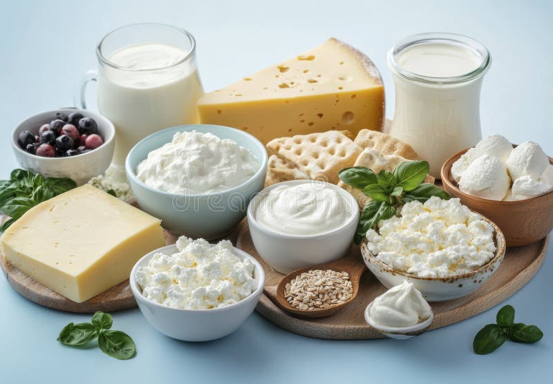 Assortimento di prodotti lattiero-caseari Formaggio Yogurt e latte a bordo di legno illustrazione vettoriale