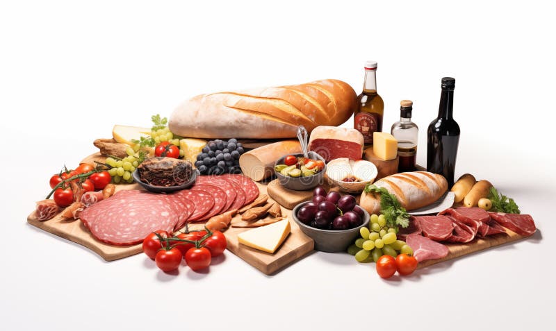 Assortimento di prosciutto di formaggio salame e olive su fondo bianco.