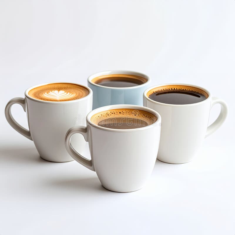 Assortimento di quattro diverse bevande di caffè in tazze di ceramica disposte in un gruppo su fondo bianco illustrazione di stock
