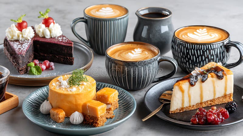 Assortimento di torte di pascolo e di caffè sullo sfondo grigio illustrazione di stock