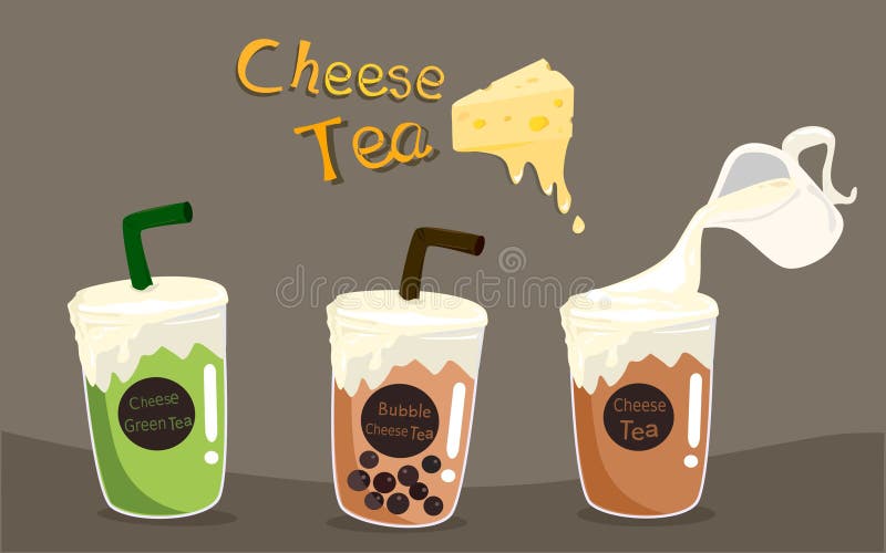 Assortimento di tre tipi di tè al formaggio con panna montata e formaggio alla moda e bevande. illustrazione vettoriale