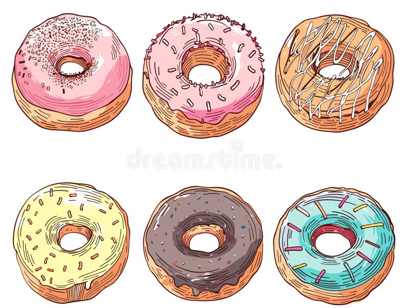 Assortimento a mano con diversi colori di tinta. pasticceria deliziosa cura il menu dessert stile cartone animato illustrazione vettoriale