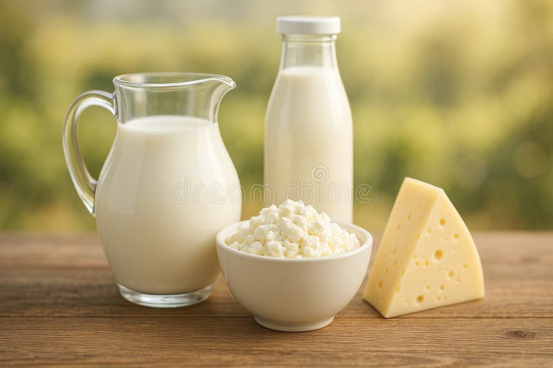 Assortimento per i prodotti lattiero-caseari freschi, con formaggi a base di latte e formaggio di cotone, in una tavola di legno a fotografia stock libera da diritti