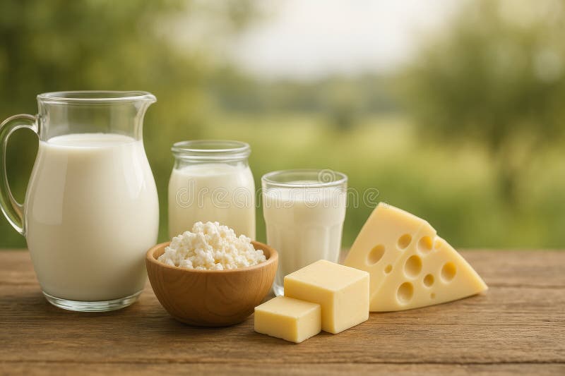 Assortimento per i prodotti lattiero-caseari freschi, con formaggi a base di latte e formaggio di cotone, in una tavola di legno a immagini stock libere da diritti