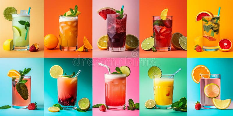 Assortimento vibrante di bevande estive rinfrescanti illustrazione di stock