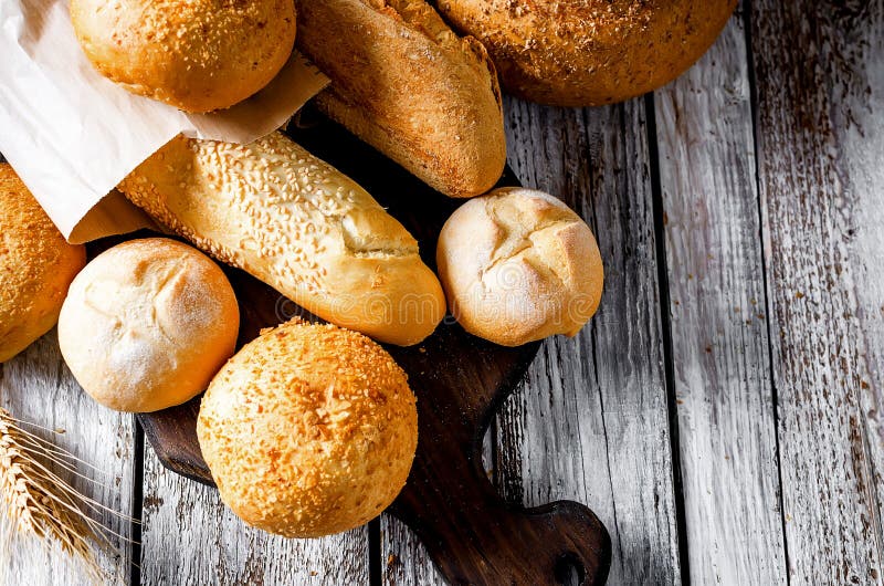 Assortment of baked goods on white old wooden table