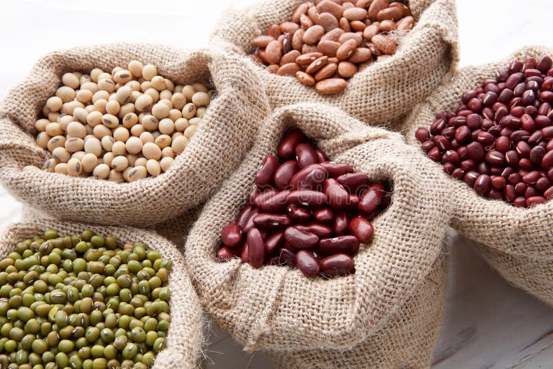 Assortment of Beans and Lentils in Hemp Sack on Wooden Background ...
