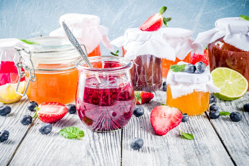Assortment of berry and fruit jams stock photo Assortment of berry and fruit jams stock photo