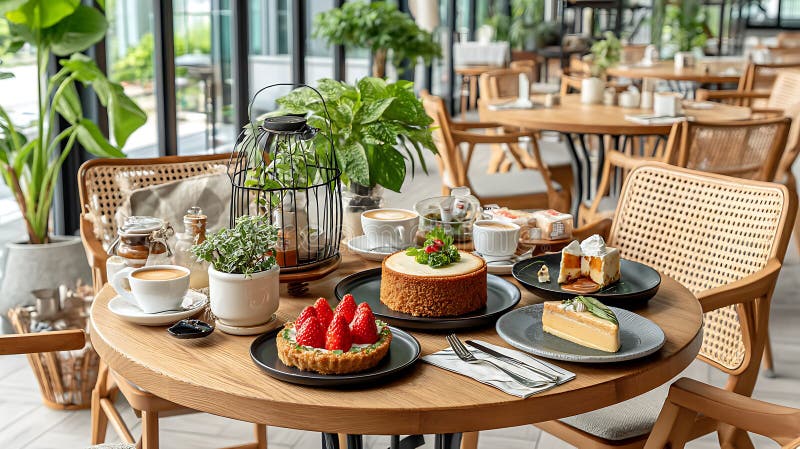 Assortment of Cakes and Pastries on Wooden Table in Modern Cafe Setting royalty free illustration