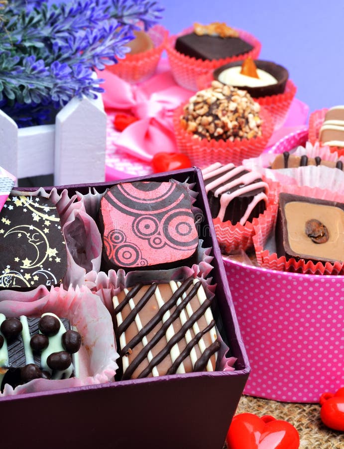 Assortment of Chocolate Sweets in Gift Boxes, Lavender Stock Image