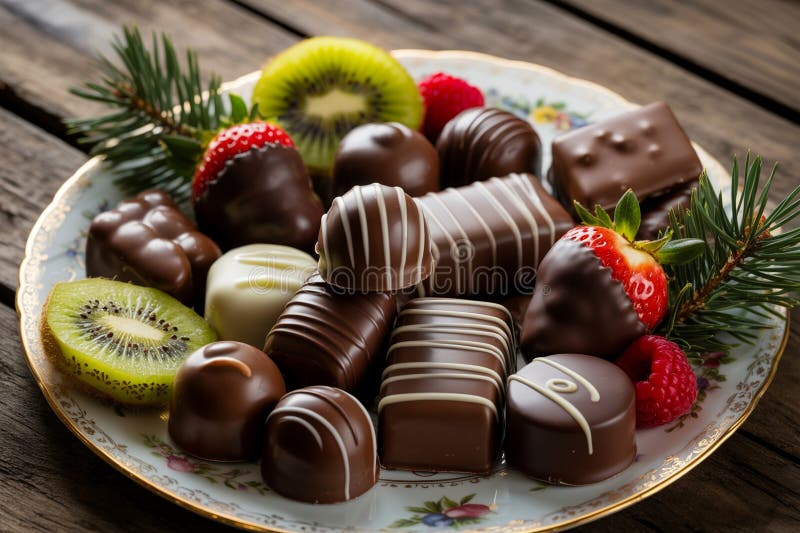 An assortment of chocolates and fruits is creatively arranged on a decorative plate royalty free illustration