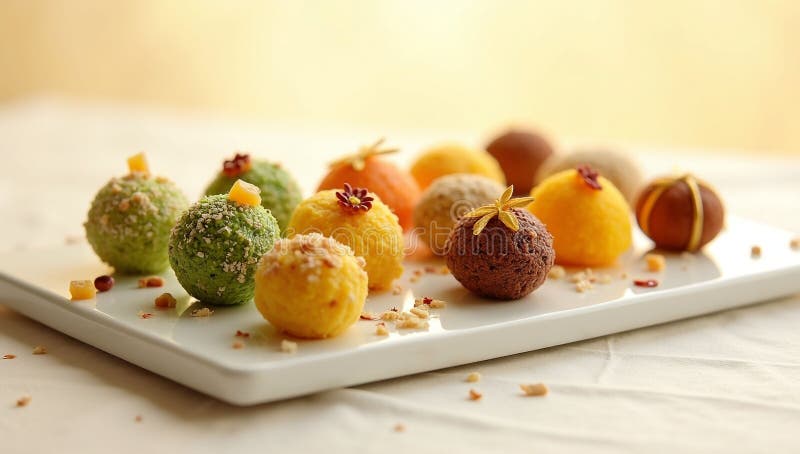 Assortment of colorful dessert balls displayed on a white rectangular plate in a studio setting vector illustration