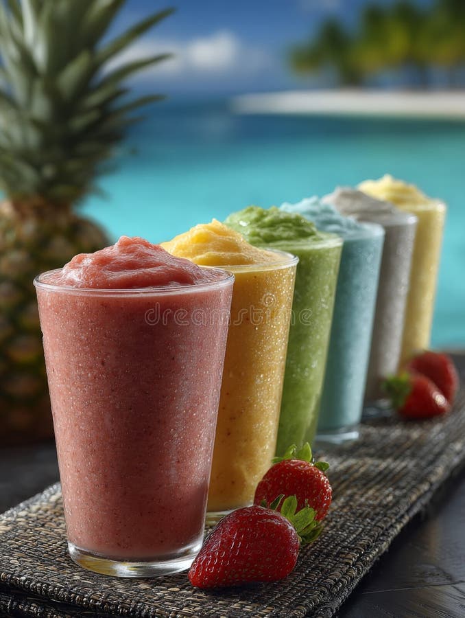 Assortment of Colorful Fruit Smoothies by the Beach royalty free illustration