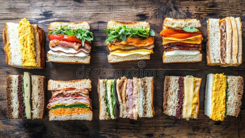 Assortment of Delicious Sandwiches on Wooden Background stock illustration