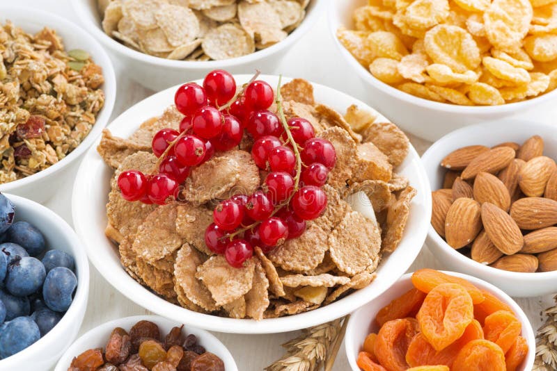 Assortment of Different Breakfast Cereal, Dried Fruit Stock Photo