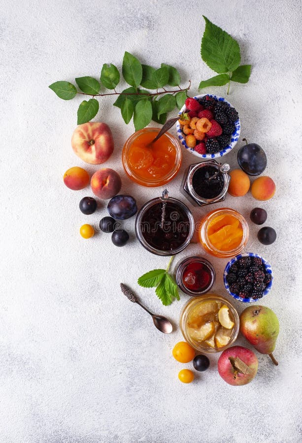 Assortment of different homemade jams in jars. Various sweet preserves stock images, royalty-free photos and pictures