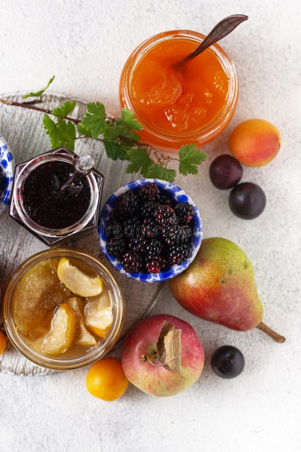 Assortment of different homemade jams in jars. Various sweet preserves stock images, royalty-free photos and pictures