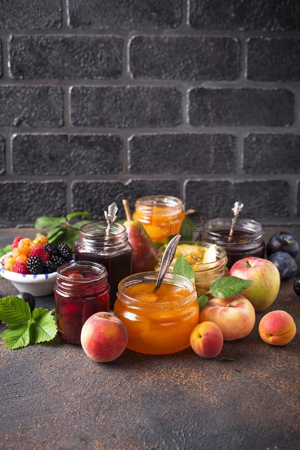 Assortment of different homemade jams in gars. Various sweet preserves stock images, royalty-free photos and pictures