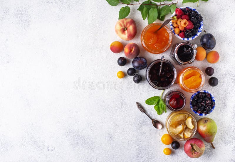 Assortment of different homemade jams in gars. Various sweet preserves stock images, royalty-free photos and pictures