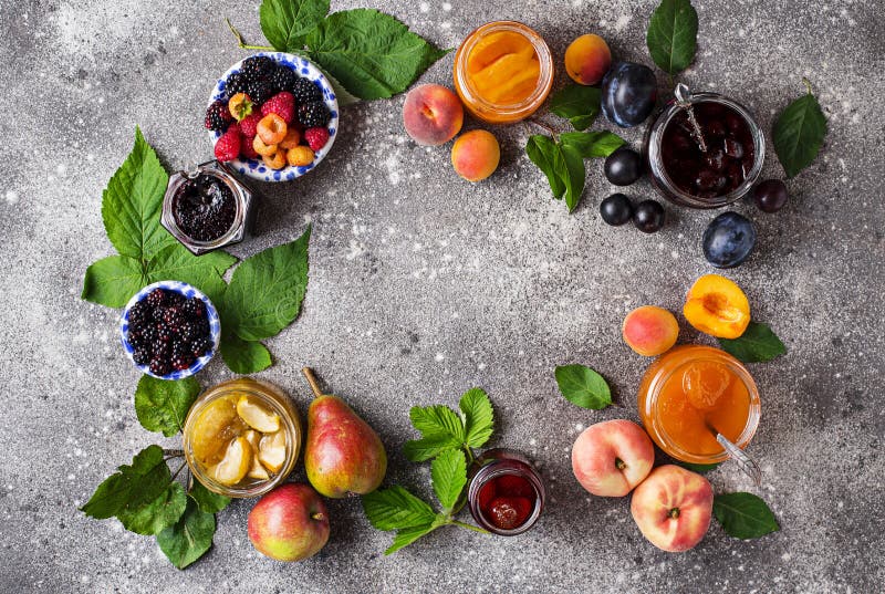 Assortment of different homemade jams in jars. Various sweet preserves stock images, royalty-free photos and pictures