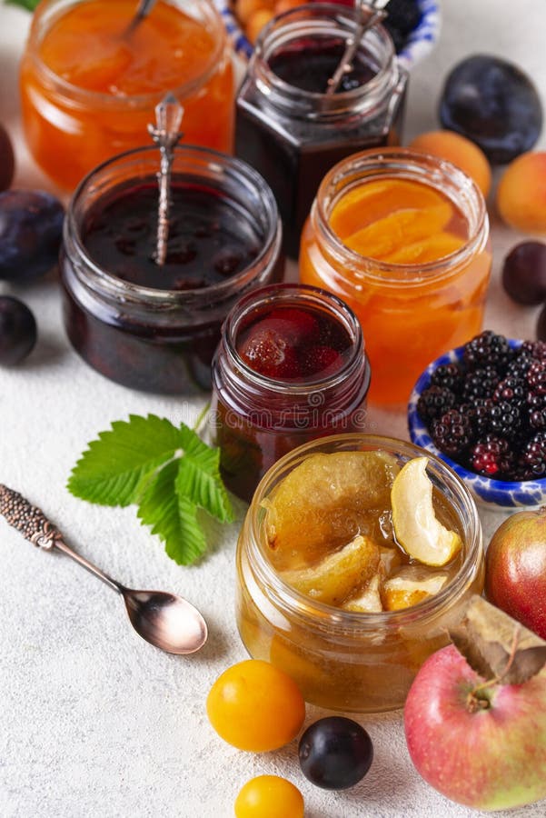 Assortment of different homemade jams in jars. Various sweet preserves stock images, royalty-free photos and pictures