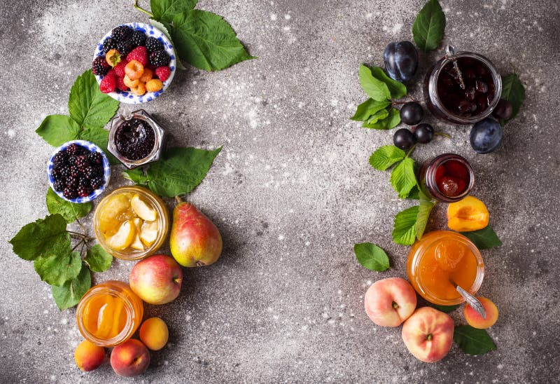 Assortment of different homemade jams in jars. Various sweet preserves stock images, royalty-free photos and pictures