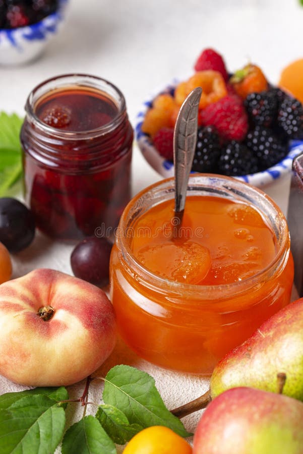 Assortment of different homemade jams in jars. Various sweet preserves stock images, royalty-free photos and pictures