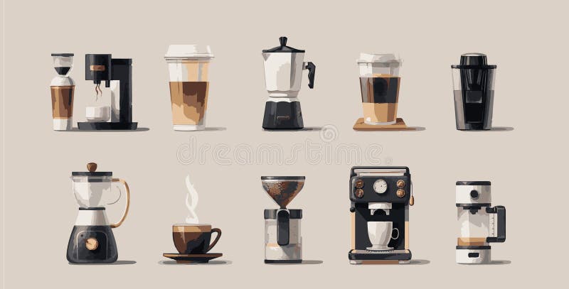 Assortment of Different Types of Coffee Machines. Various models of coffee machines lined up on a countertop, displaying different designs and features for making coffee. AI generated