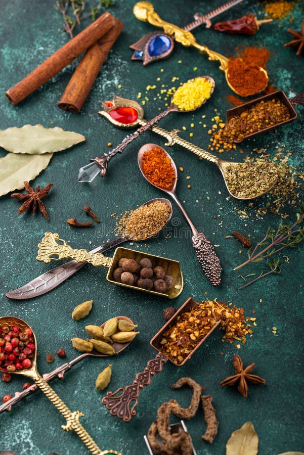 Assortment of Diffferent Indian Spices and Herbs Stock Photo Image of