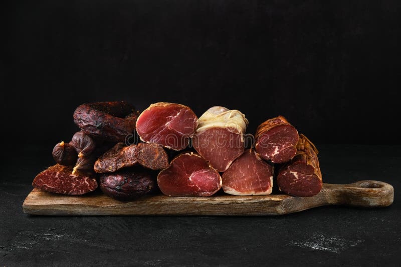 Assortment of Drycured Beef Meat and Sausages Stock Image Image of