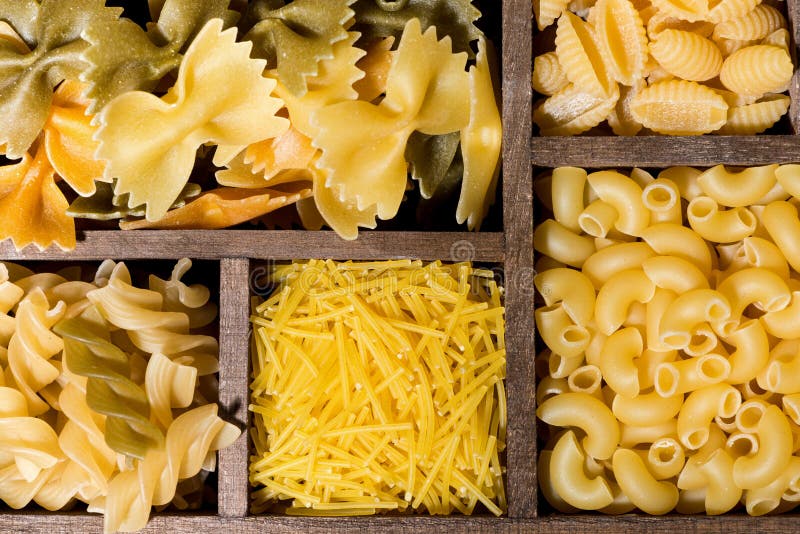 Assortment of Dry Pasta in a Wooden Box, Closeup Top View Stock Image ...