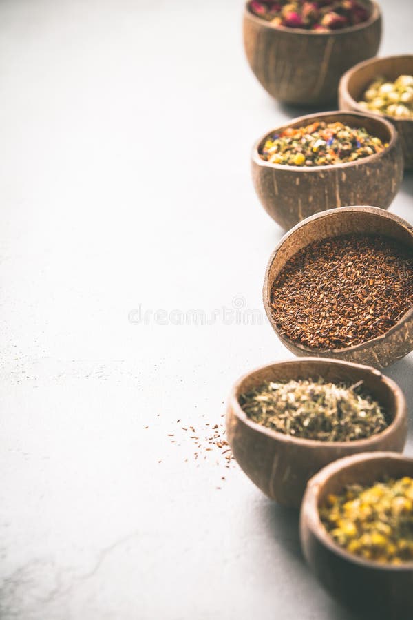 Assortment of Dry Tea in Coconut Bowls. Stock Image Image of loose