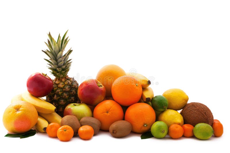 Assortment of exotic fruits isolated on white stock photos