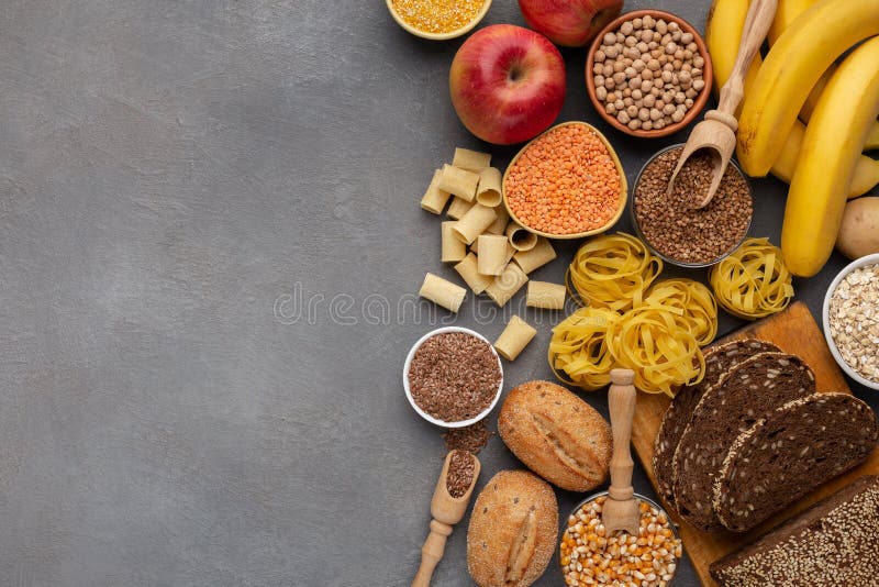 Different Types Of High Carbohydrate Food. Selection Of Good Sources Of  Carbs On Gray Background. Panorama, Banner With Copy Space Stock Photo,  Picture and Royalty Free Image. Image 152314553.
