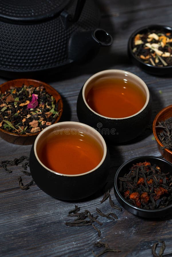 Assortment of Fragrant Tea. Black, Floral and Herbal Drinks, Vertical