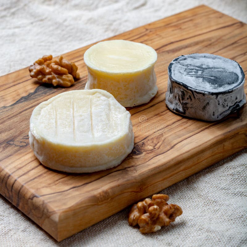 Assortment of French soft goat cheeses, Chevre Cendre, Cabecou Du Perigord and Chevre De Dordogne served on olive tree board stock photo Assortment of French soft goat cheeses, Chevre Cendre, Cabecou Du Perigord and Chevre De Dordogne served on olive tree board stock photo
