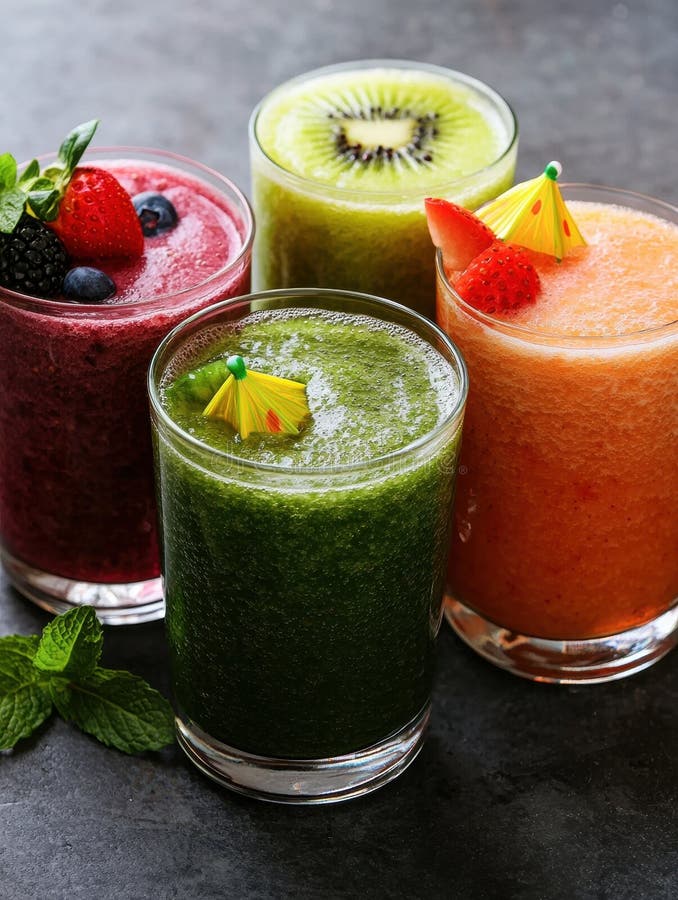 Assortment of fresh fruit smoothies in glasses stock illustration