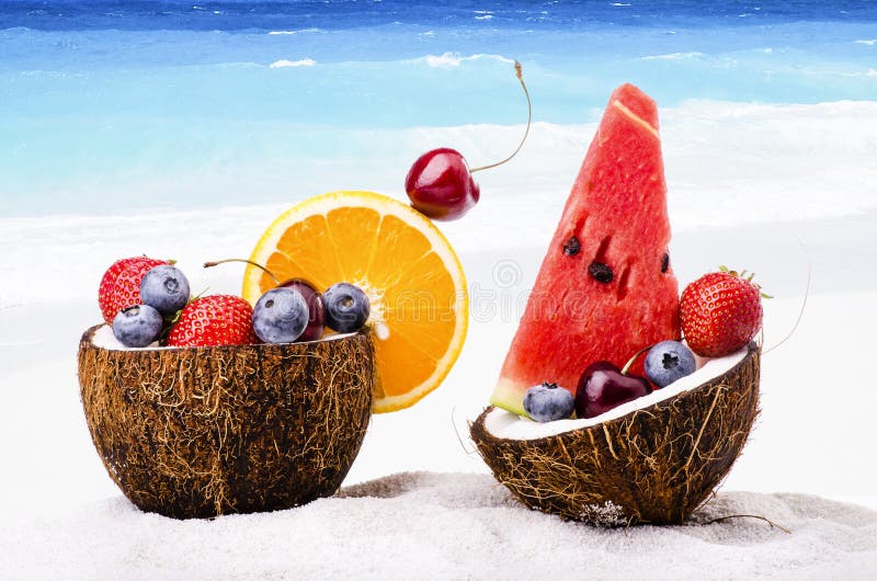 Assortment of Fresh Fruit on the Tropical Beach Stock Photo Image of