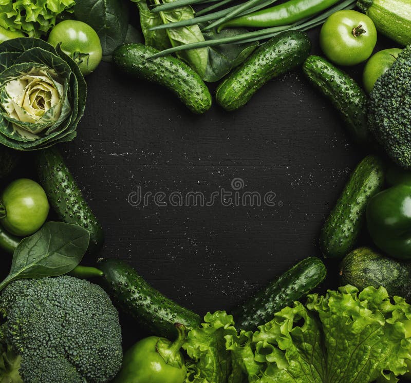 Assortment of fresh green vegetables in heart shape on black background royalty free stock image Assortment of fresh green vegetables in heart shape on black background royalty free stock image